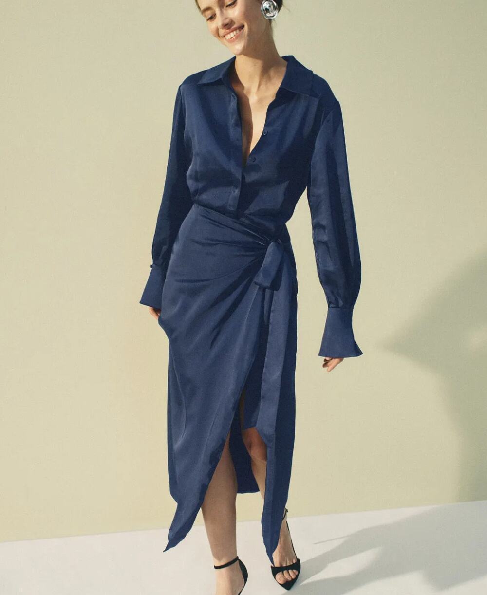 Simkhai Blue Satin Shirt Dress SIZE 6 Wrap Designer Cocktail Party Ruched $645